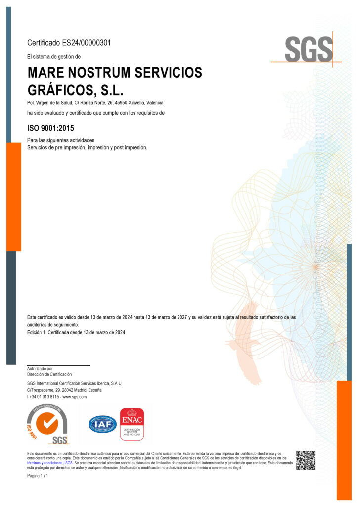 Mare Nostrum Graficas certificado ISO 9001